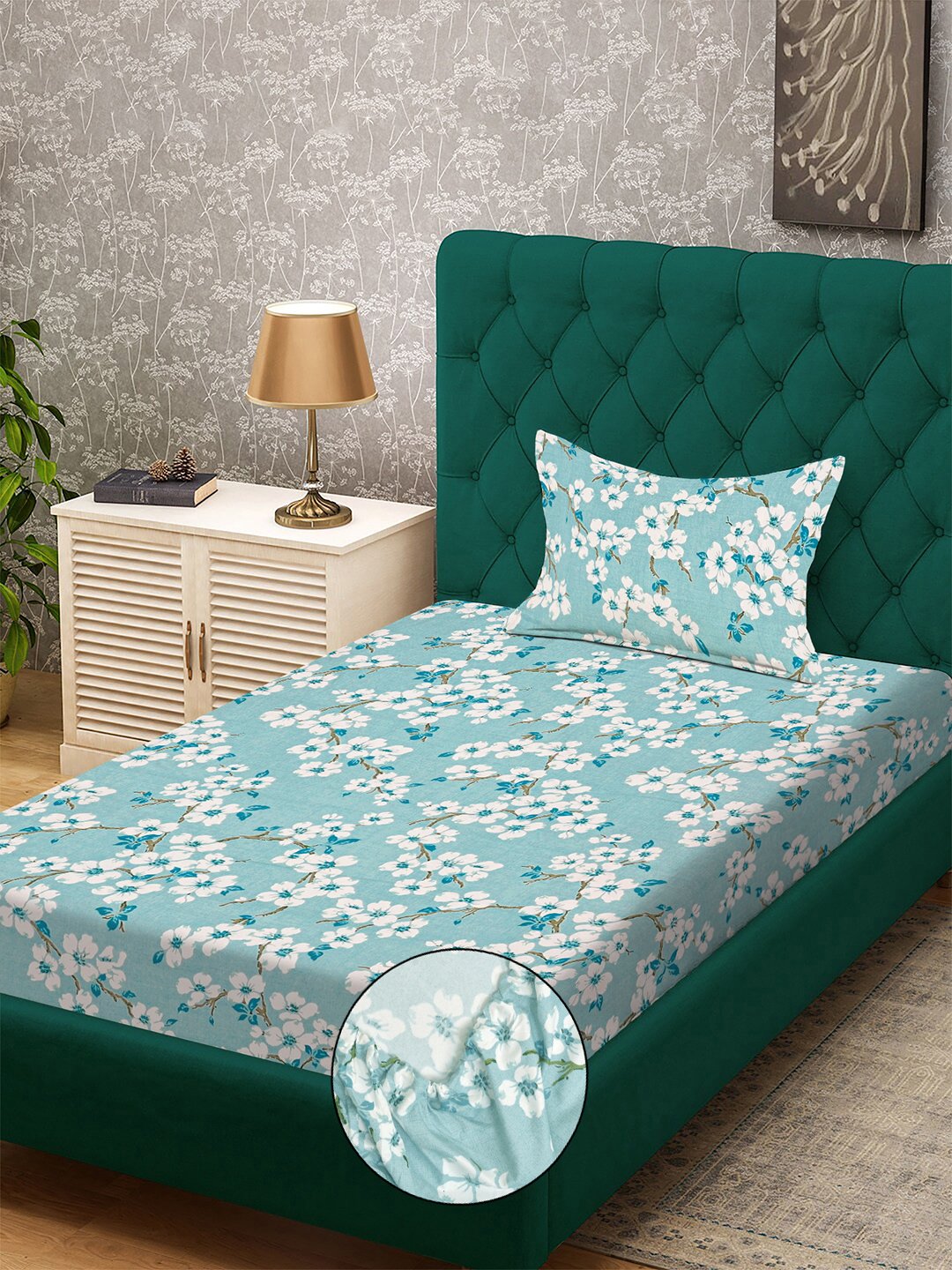 Green Floral 300 TC Cotton Blend Fitted Single Bedsheet with Pillow Cover