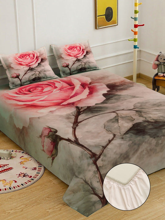 Pink Digital Floral Printed Cotton Blend Fitted Double Bedsheet with 2 Pillow Covers