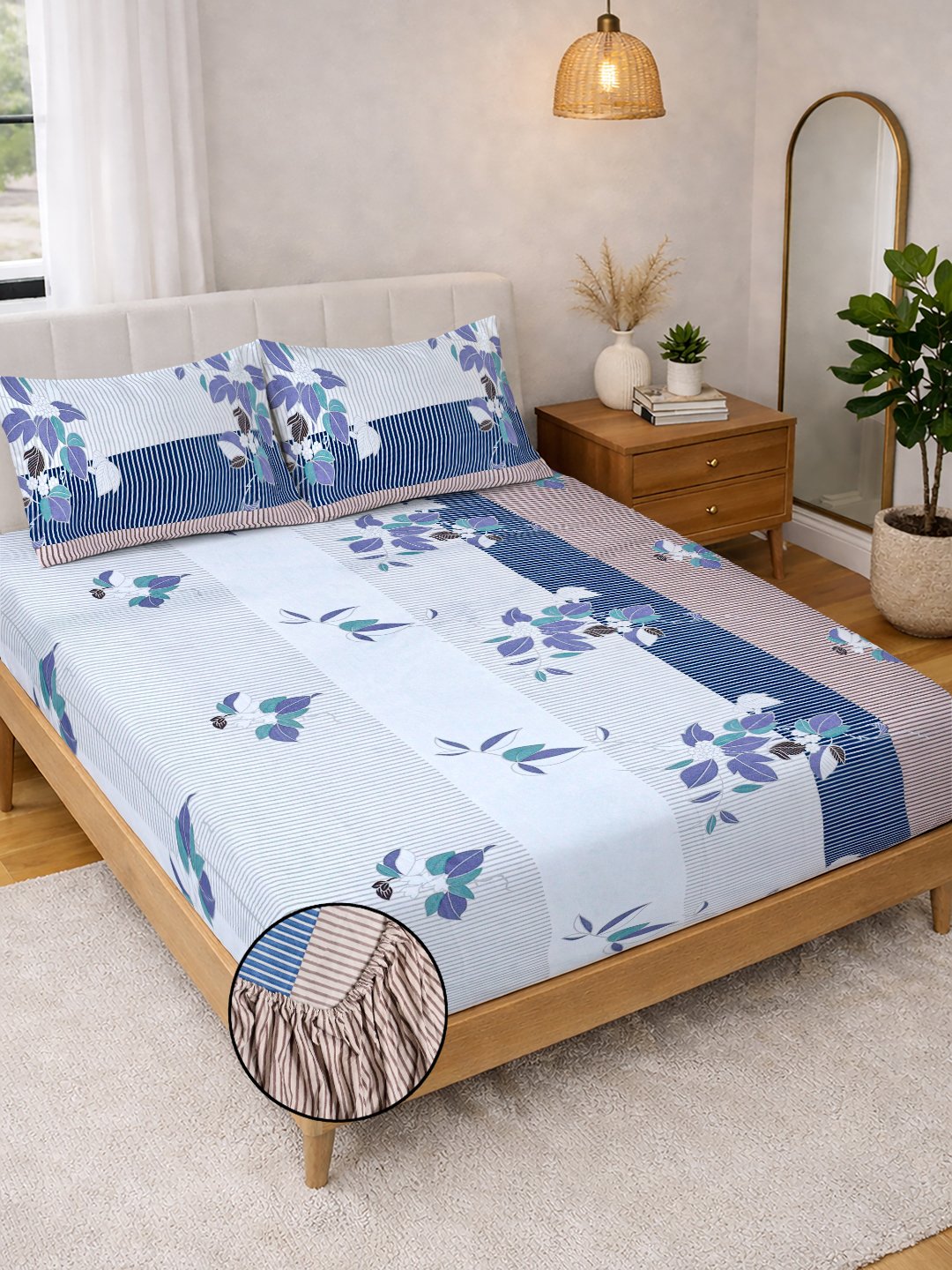 Multi Floral Cotton Blend Fitted Double Bedsheet with 2 Pillow Covers