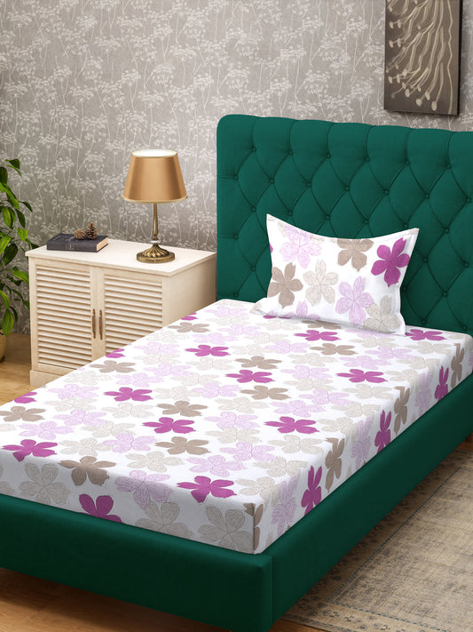Klotthe White Floral 300 TC Cotton Blend Single Bedsheet with Pillow Cover