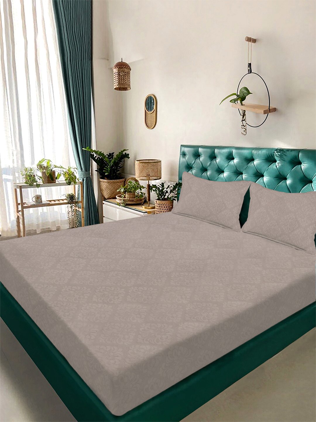 Beige Floral Embossed Cotton Blend Double Bedsheet with 2 Pillow Covers