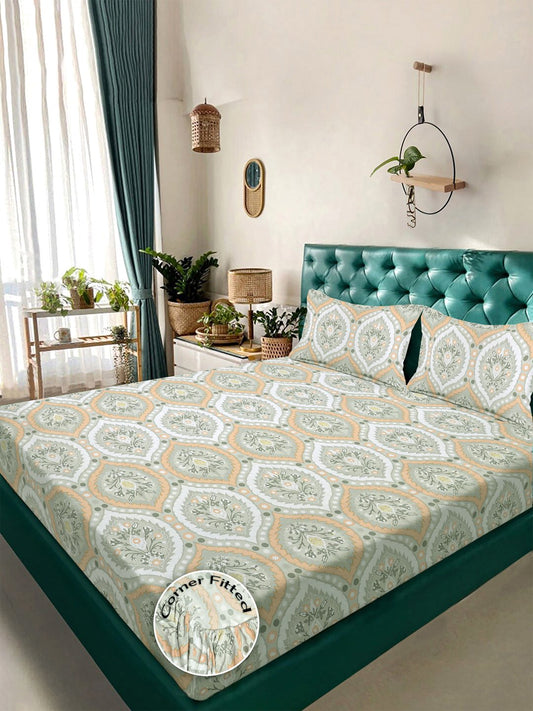 Multi Geometric 300 TC Cotton Blend Fitted Double Bedsheet with 2 Pillow Covers