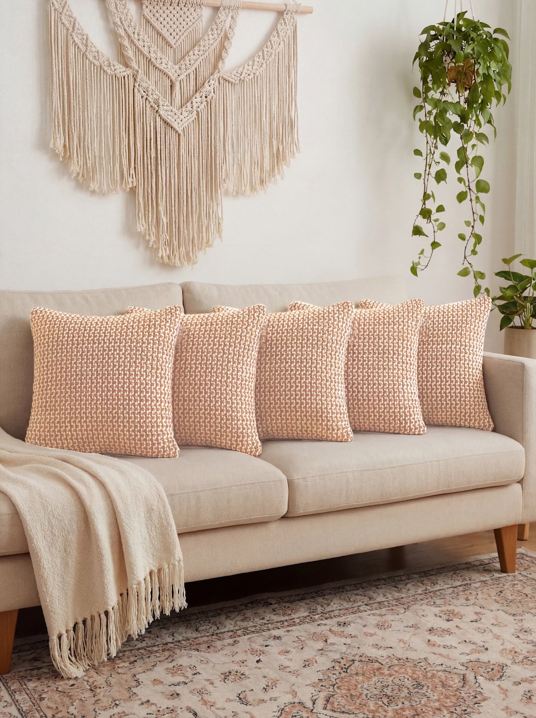 Peach Set of 5 Self Design Pure Cotton Cushion Covers (40X40 cm)