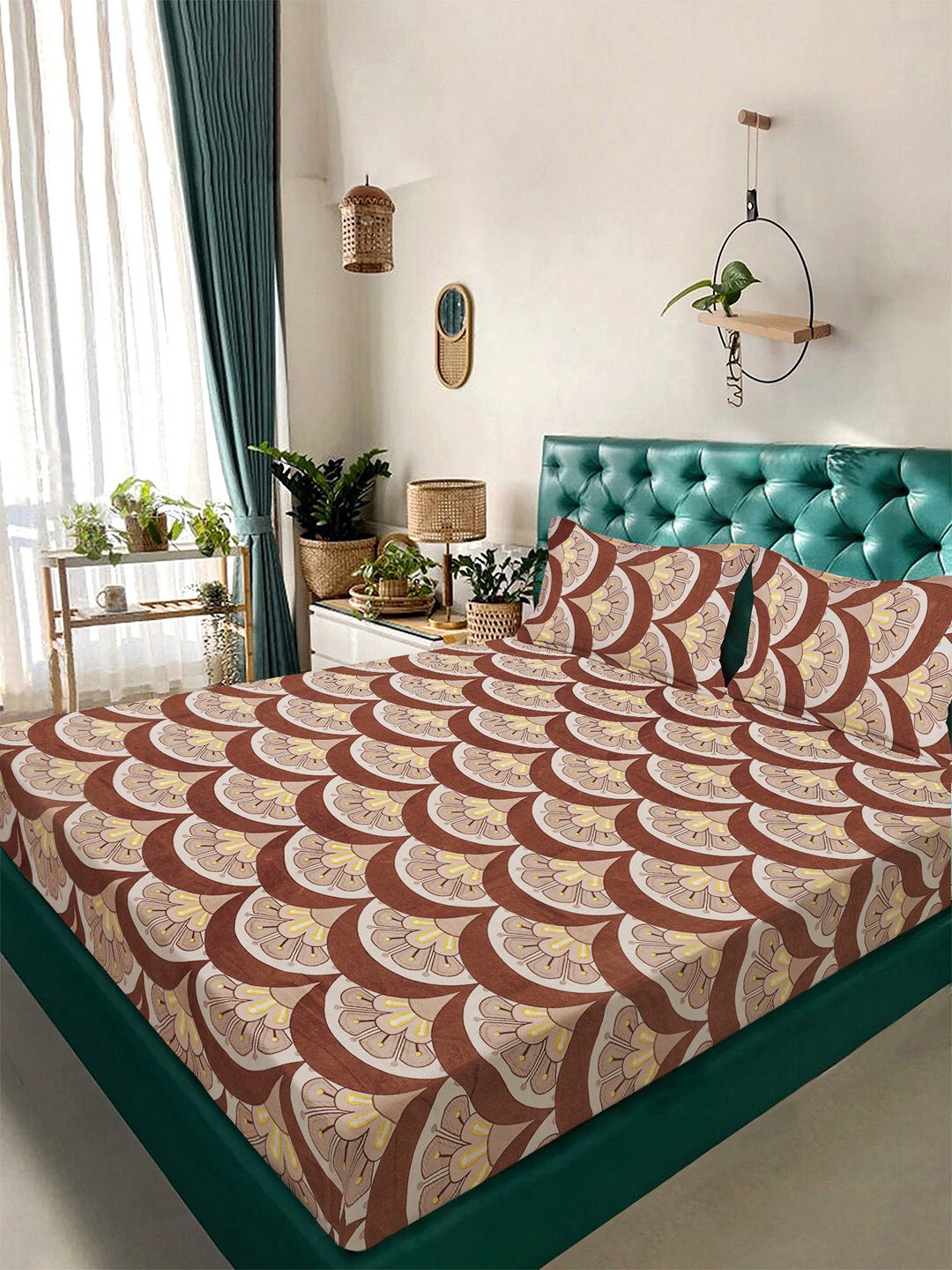 Brown Floral 300 TC Cotton Blend Double Bedsheet with 2 Pillow Covers