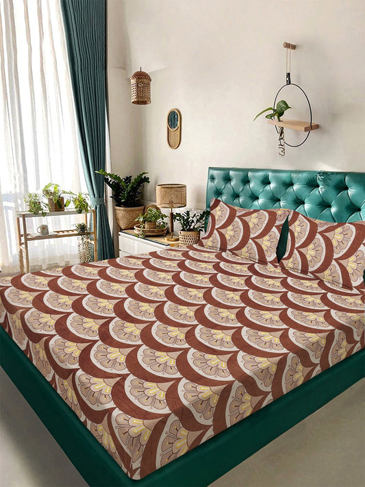 Brown Floral 300 TC Cotton Blend Double Bedsheet with 2 Pillow Covers