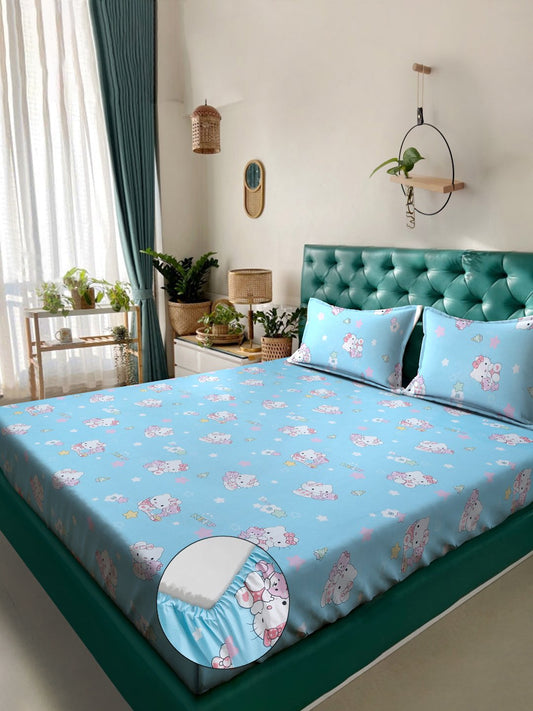 SkyBlue Cartoon Characters 400 TC Fitted Pure Cotton Double Bedsheet with 2 Pillow Covers