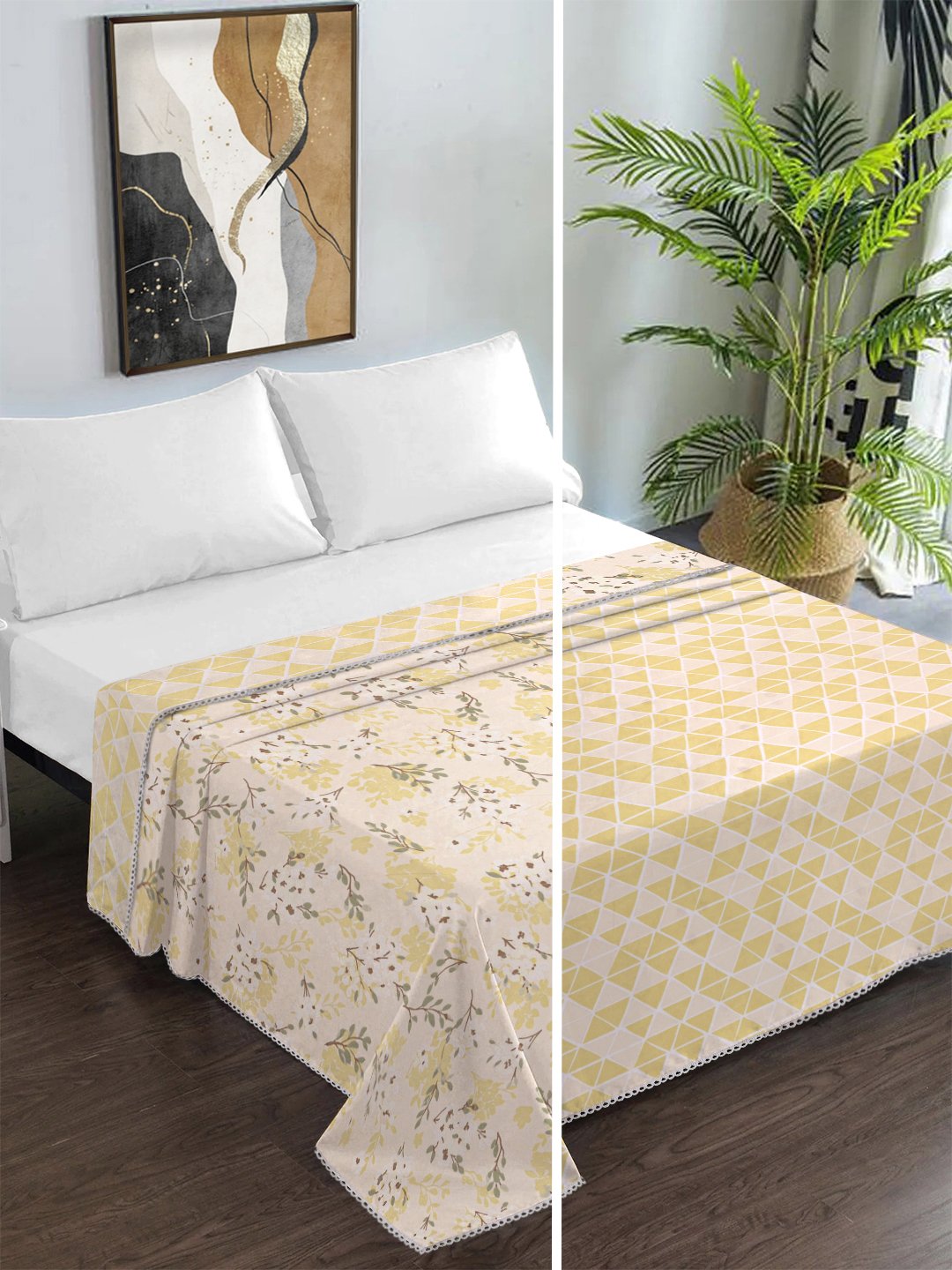 Yellow Cotton Blend Floral Double Bed Dohar