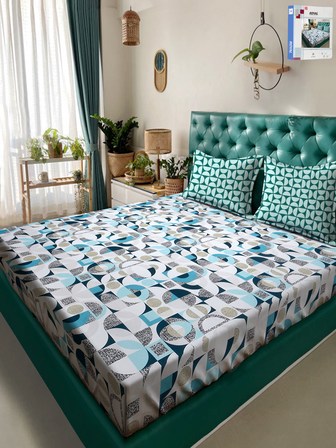 Klotthe White Geometric 300 TC Cotton Blend Double Bedsheet in Book Fold Packing