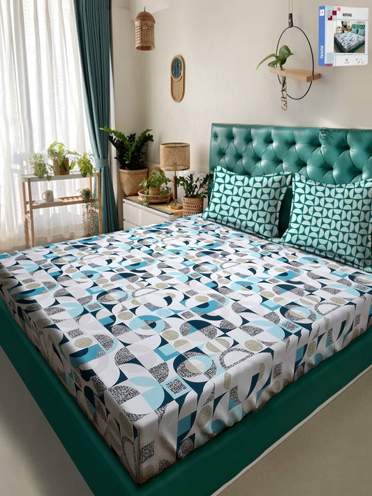 Klotthe White Geometric 300 TC Cotton Blend Double Bedsheet in Book Fold Packing