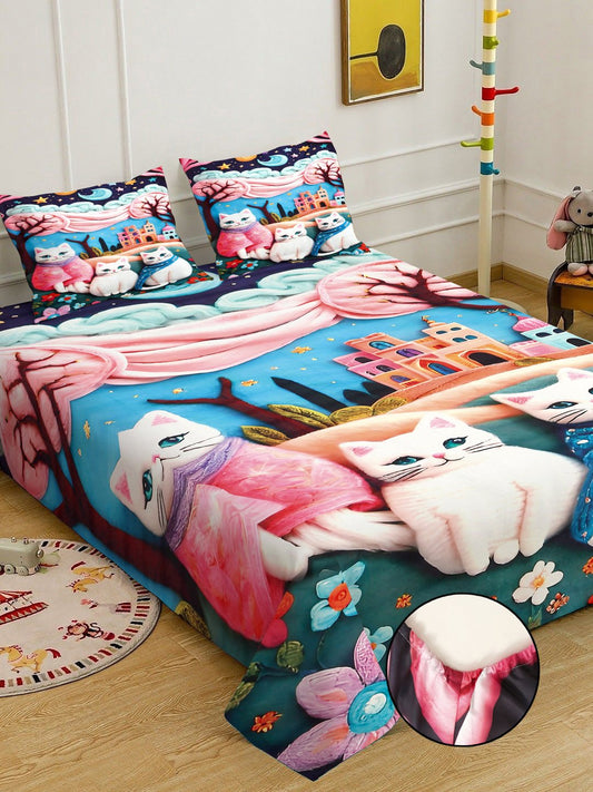Multi Cartoon Characters 7D King Size Cotton Blend Fitted Double Bedsheet with 2 Pillow Covers