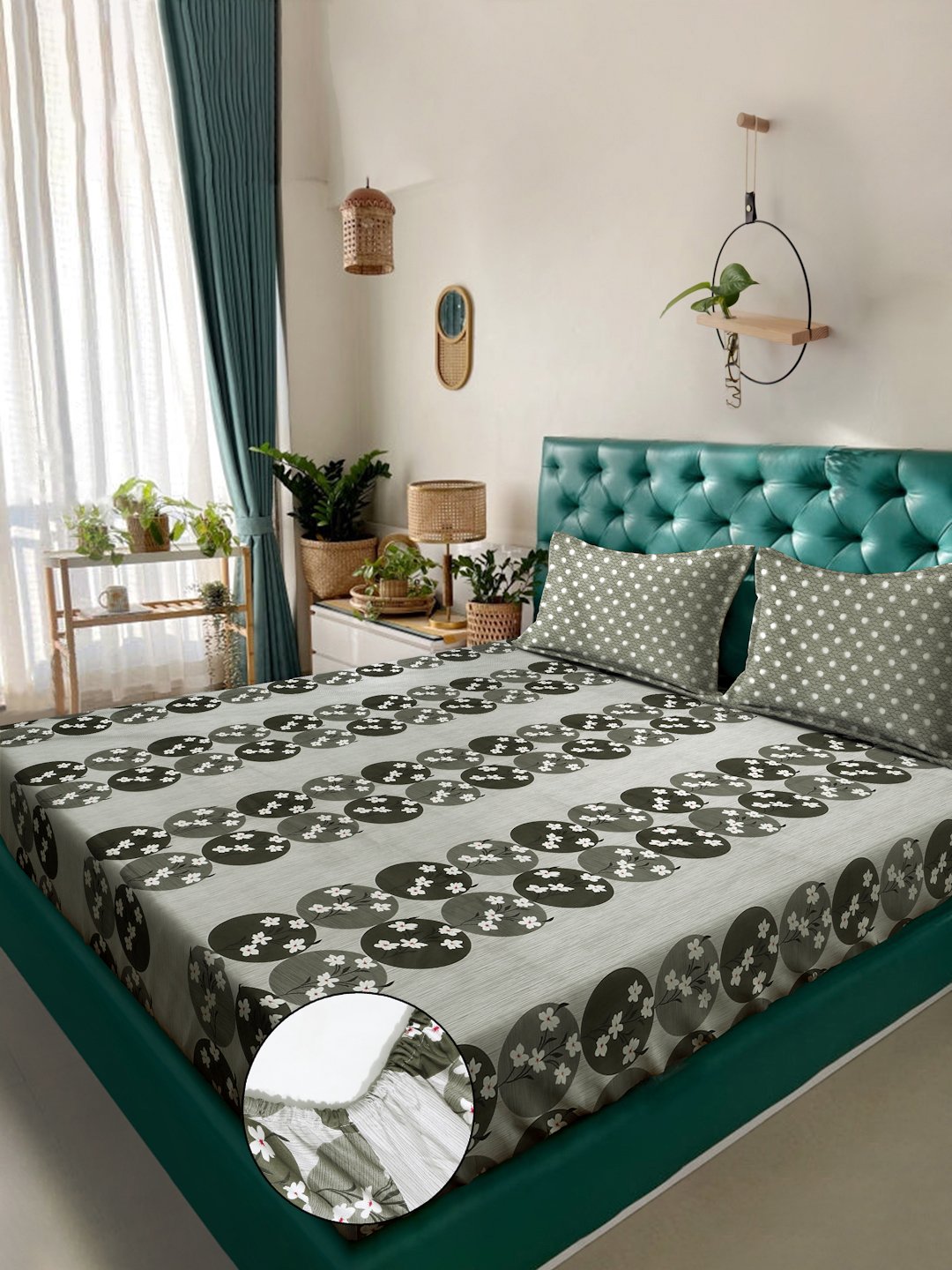 Olive Floral 400 TC Pure Cotton Fitted Double Bedsheet with 2 Pillow Covers