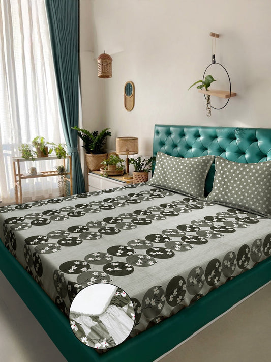 Olive Floral 400 TC Pure Cotton Fitted Double Bedsheet with 2 Pillow Covers