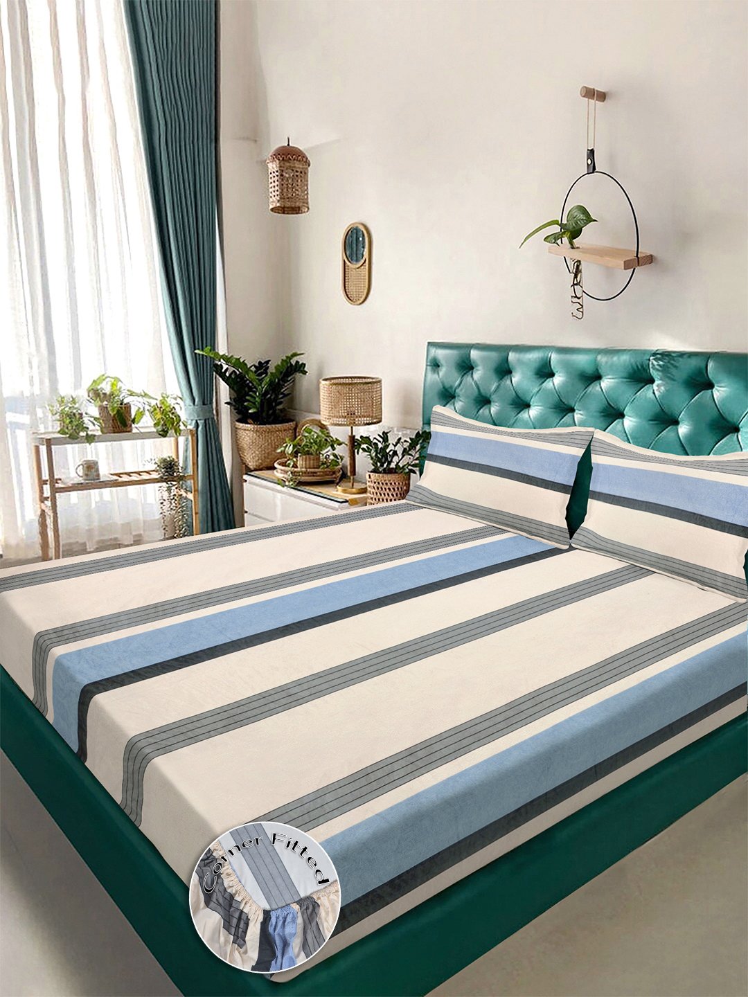 Multi Striped 300 TC Cotton Blend Fitted Double Bedsheet with 2 Pillow Covers