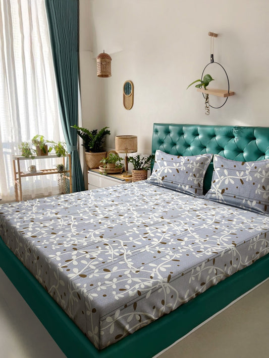 Grey Floral  300 TC Cotton Blend Double Bedsheet with 2 Pillow Covers