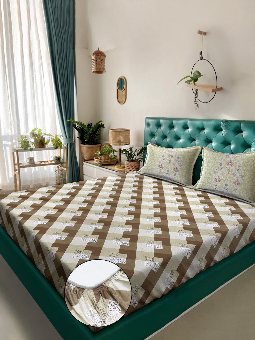 Brown Geometric 400 TC Pure Cotton Super King Fitted Double Bedsheet with 2 Pillow Covers