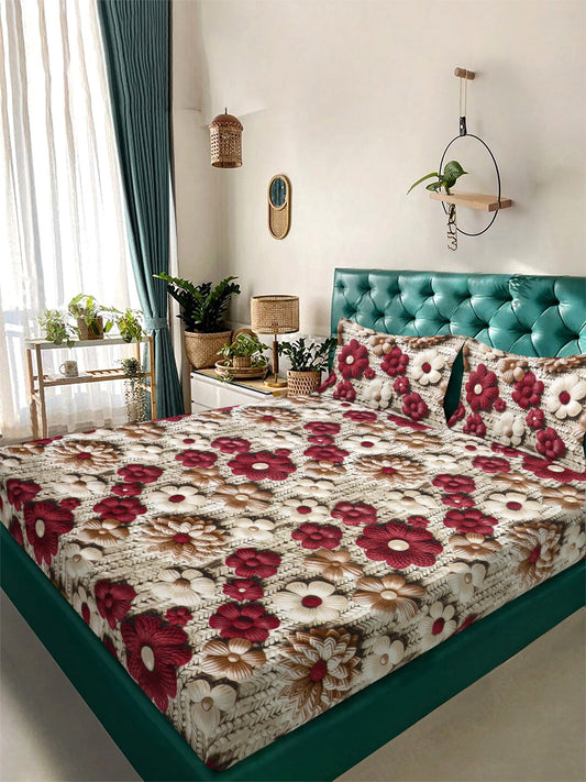 Beige Floral 7D King Size Cotton Blend Double Bedsheet with 2 Pillow Covers