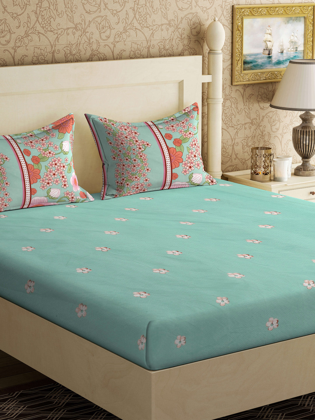 Klotthe Green Floral 300 TC Cotton Blend Double Bedsheet with 2 Pillow Covers