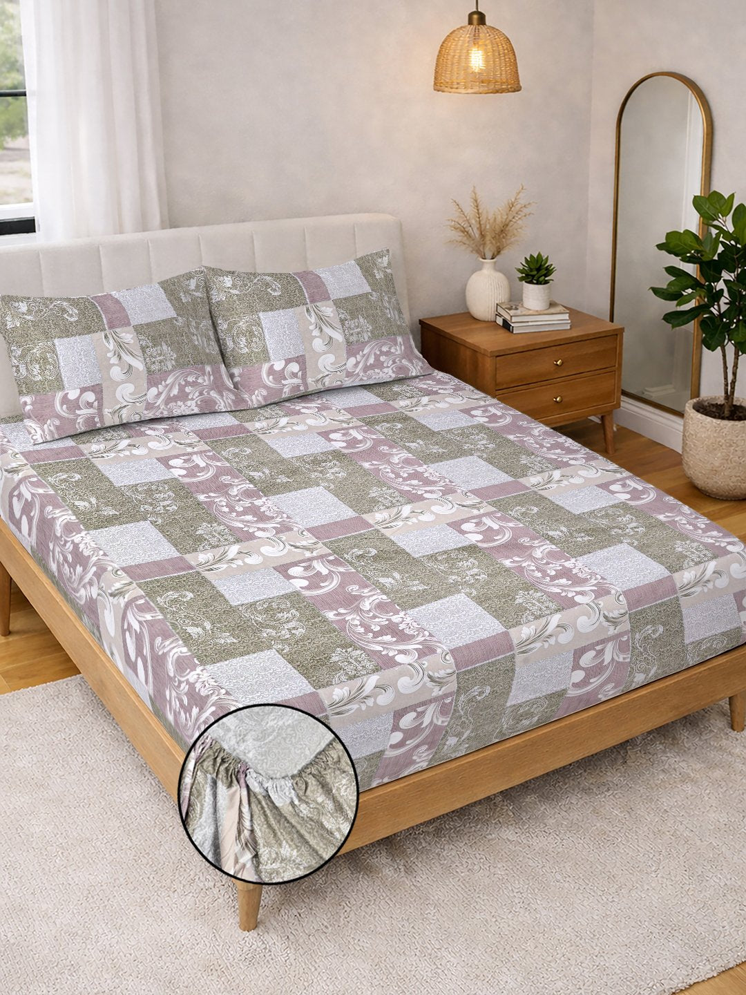 Multi Floral Cotton Blend Fitted Double Bedsheet with 2 Pillow Covers