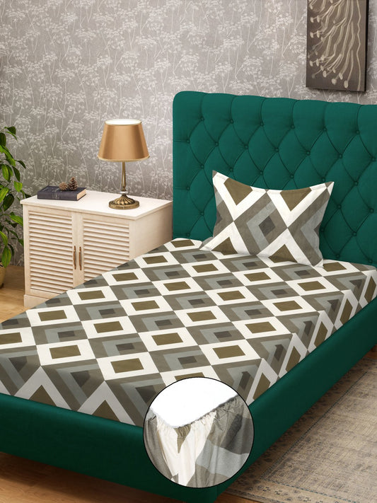 Multi Geometric 300 TC Cotton Blend Fitted Single Bedsheet with Pillow Cover