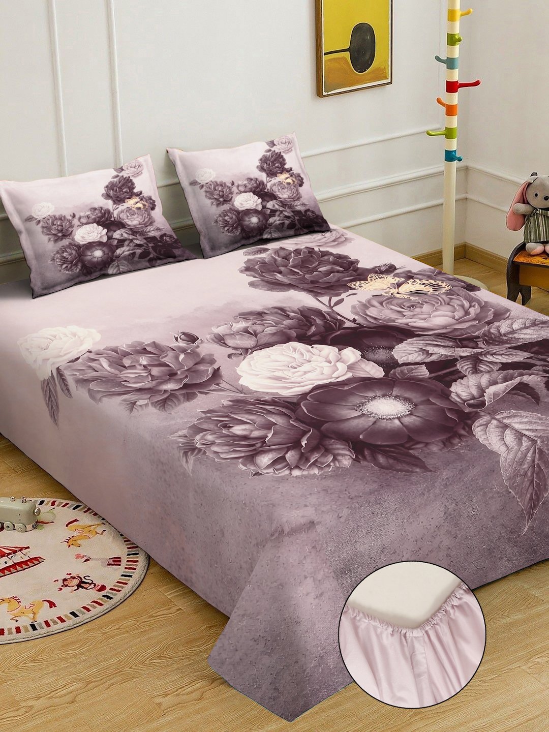 Wine Digital Floral Printed Cotton Blend Fitted Double Bedsheet with 2 Pillow Covers