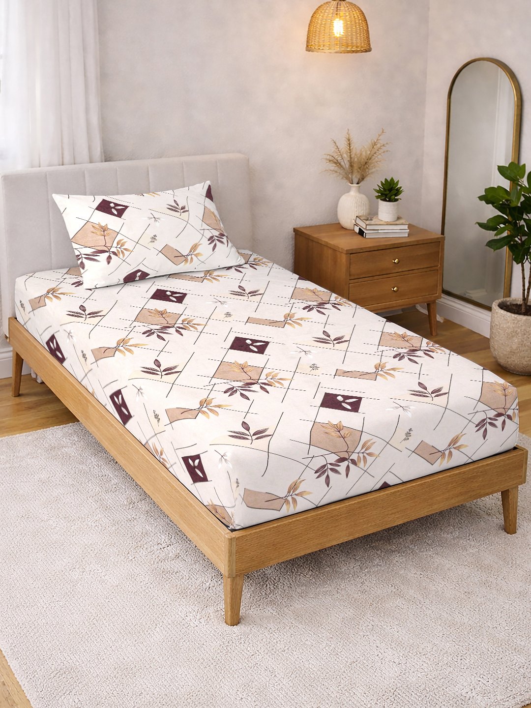 Cream Geometric Cotton Blend Single Bedsheet with Pillow Cover