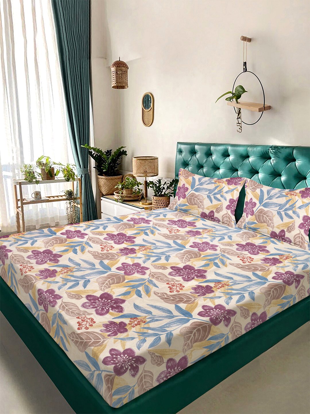 Multi Floral 300 TC Cotton Blend Double Bedsheet with 2 Pillow Covers