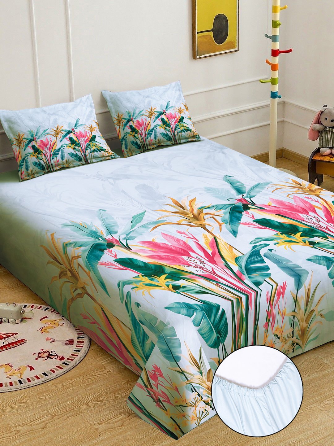 SkyBlue Digital Floral Printed Cotton Blend Fitted Double Bedsheet with 2 Pillow Covers