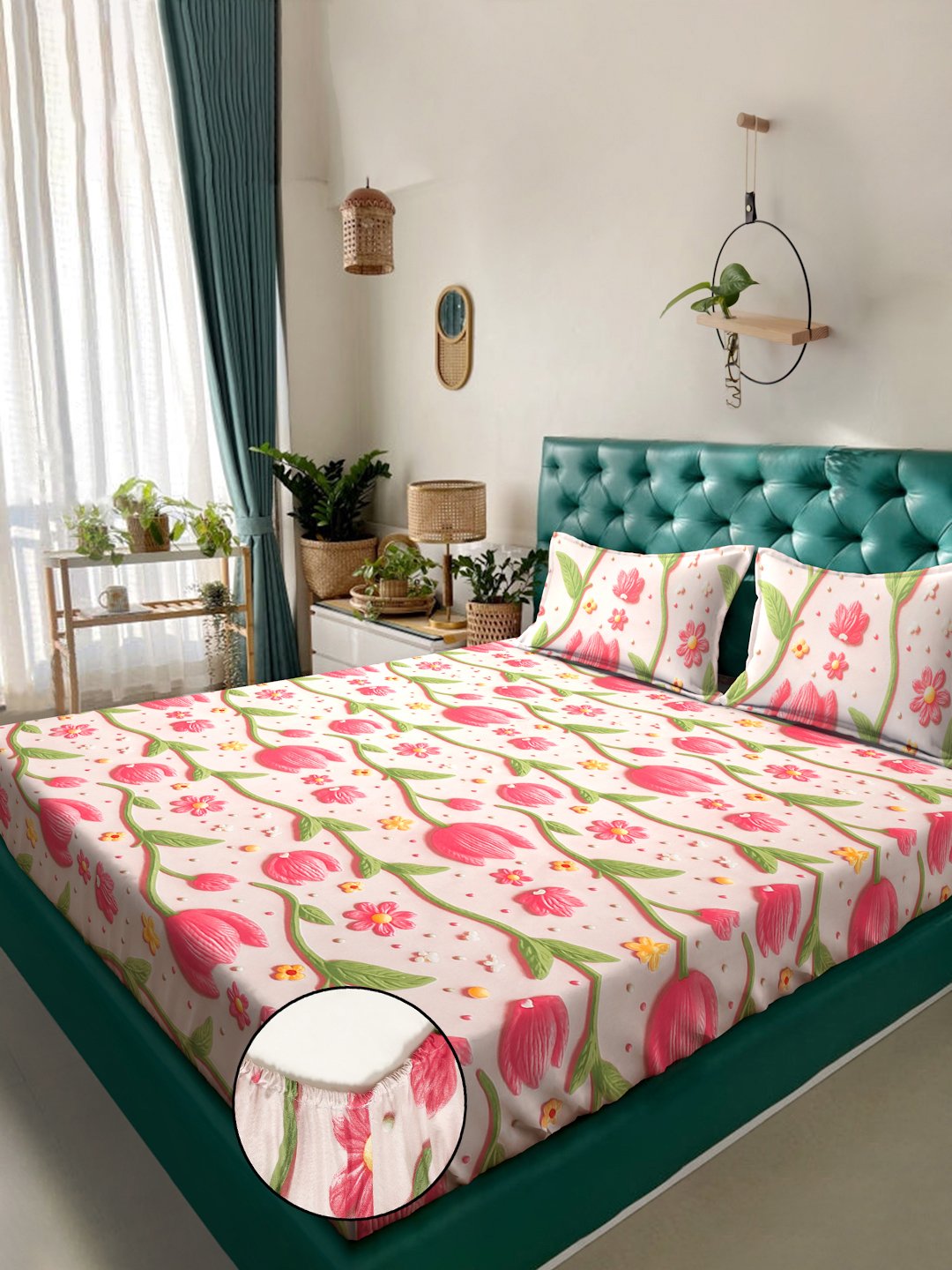 Beige Floral 7D King Size Cotton Blend Fitted Double Bedsheet with 2 Pillow Covers