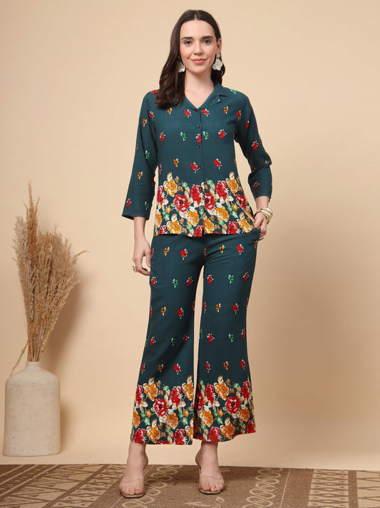 Green Cotton Printed Shirt With Trousers Co-Ords Set