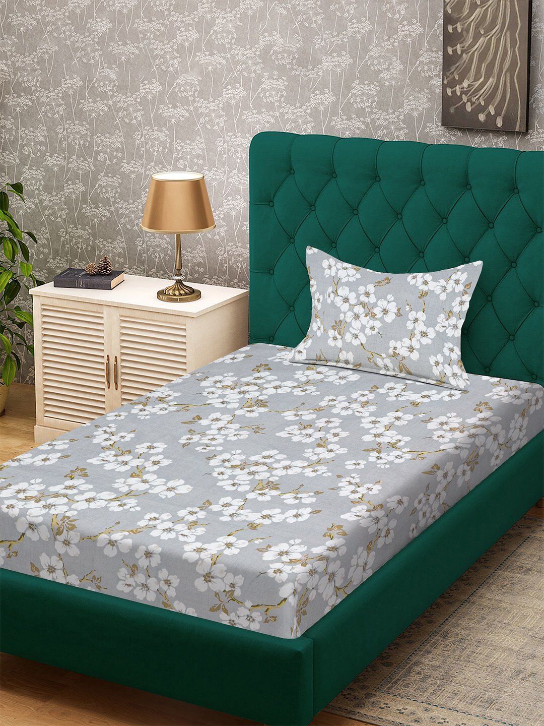 Grey Floral 300 TC Cotton Blend Single Bedsheet with Pillow Cover
