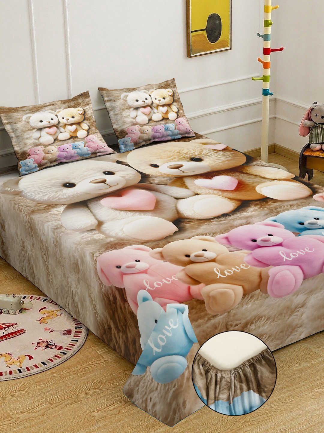 Multi Digital Cartoon Characters Printed Cotton Blend Fitted Double Bedsheet with 2 Pillow Covers