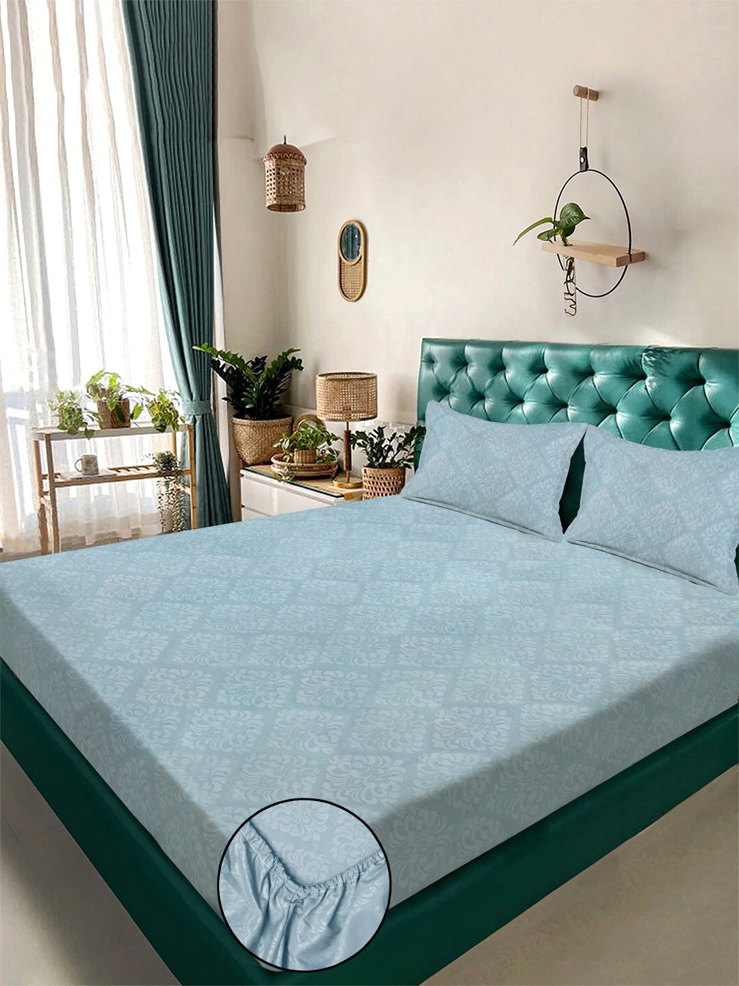 SkyBlue Floral Embossed Cotton Blend Fitted Double Bedsheet with 2 Pillow Covers