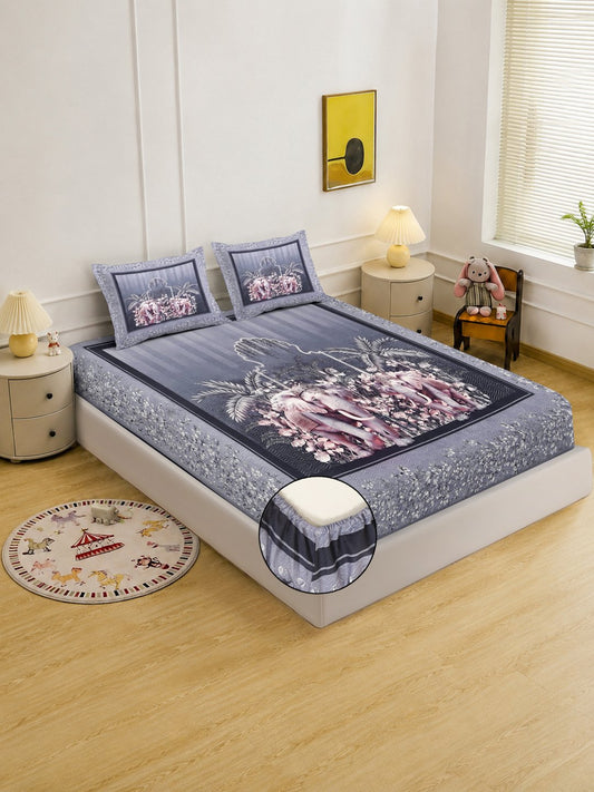 Digital Printed Grey Animal Cotton Blend Fitted Double Bedsheet with 2 Pillow Covers