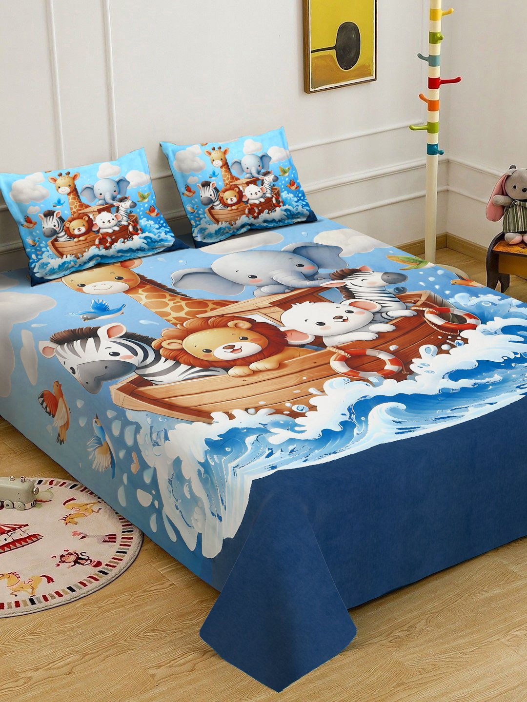 Multi Digital Animal Printed Cotton Blend Double Bedsheet with 2 Pillow Covers