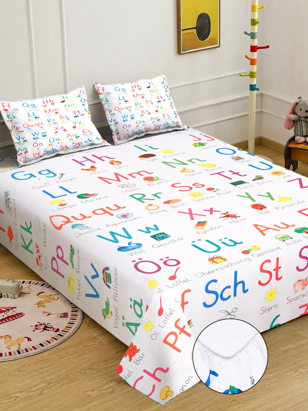 White Digital Cartoon Characters Printed Cotton Blend Fitted Double Bedsheet with 2 Pillow Covers