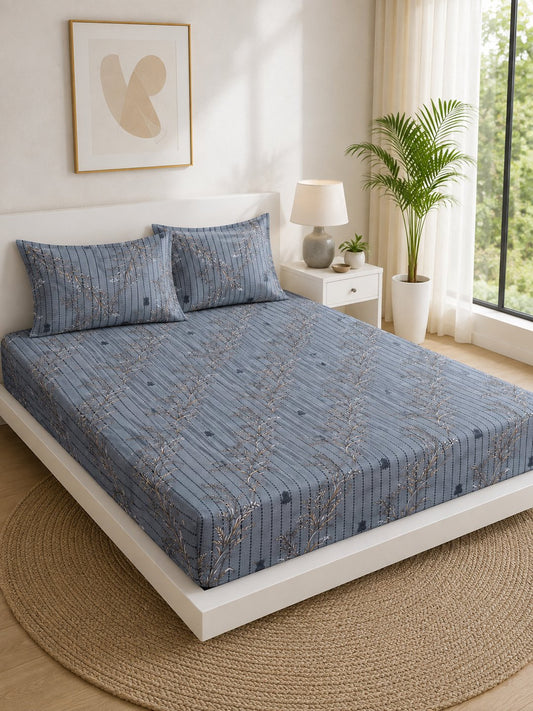 Grey Floral Cotton Blend Double Bedsheet with 2 Pillow Covers