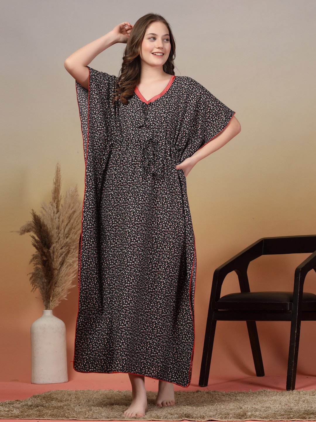 Black Floral Cotton Blend Kaftan Maxi Nightdress
