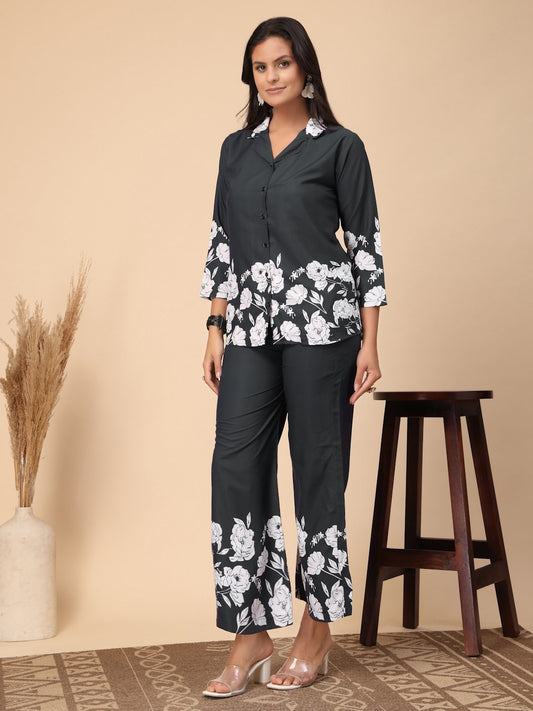 Black Cotton Printed Shirt With Trousers Co-Ords Set