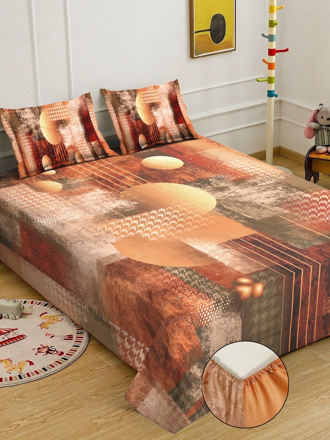 Brown Digital Geometric Printed Fitted Cotton Blend Double Bedsheet with 2 Pillow Covers
