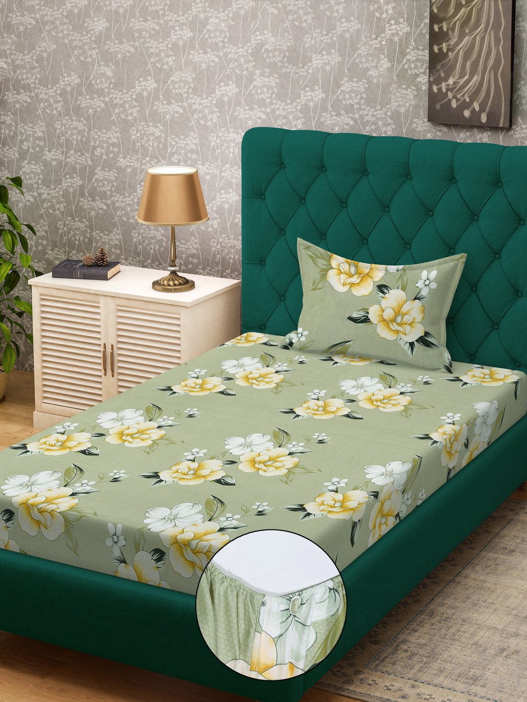 Green Floral 300 TC Cotton Blend Fitted Single Bedsheet in Book Fold Packing
