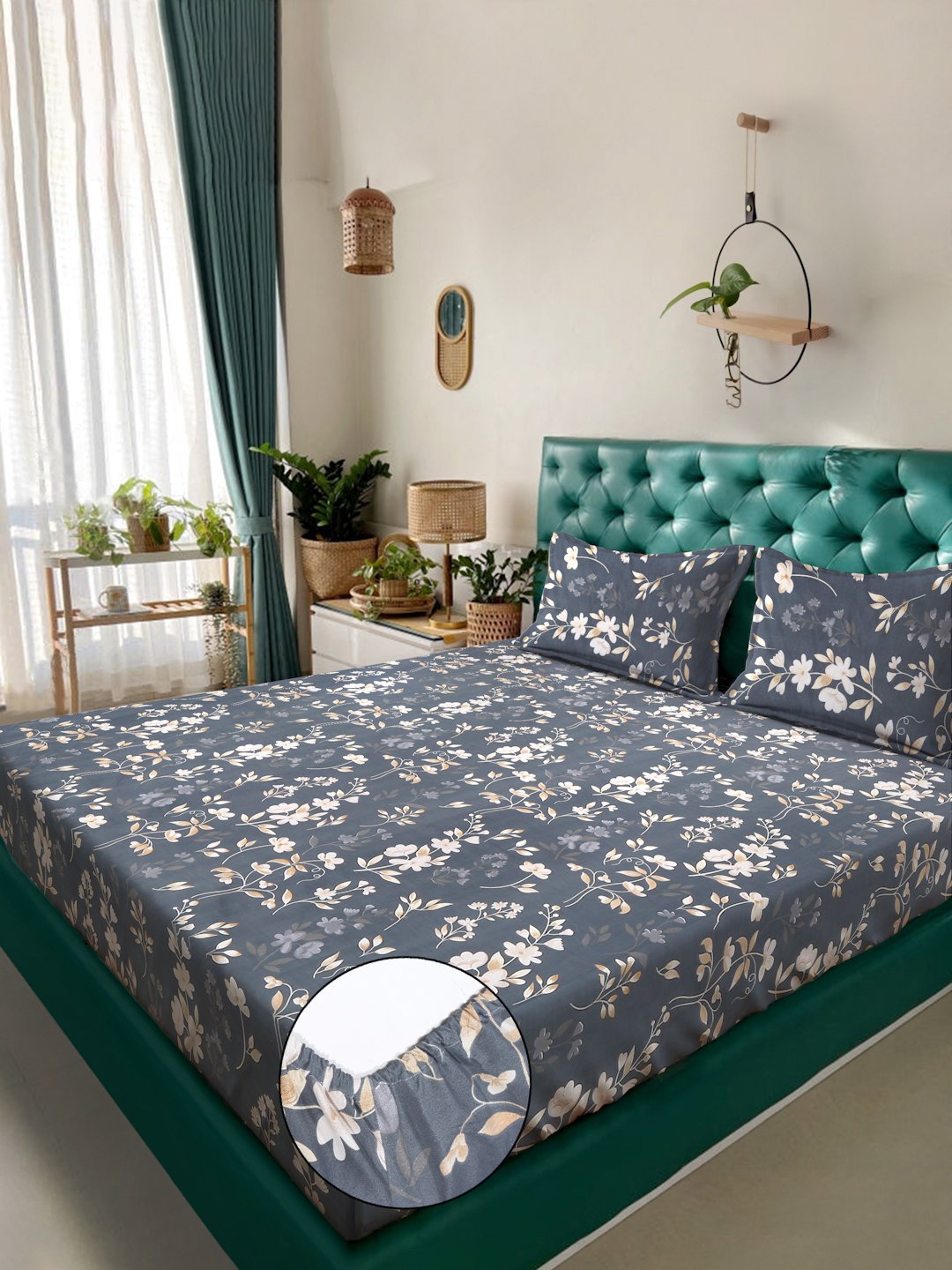 Floral 300 TC Cotton Blend Fitted Double Bedsheet in Book Fold Packing
