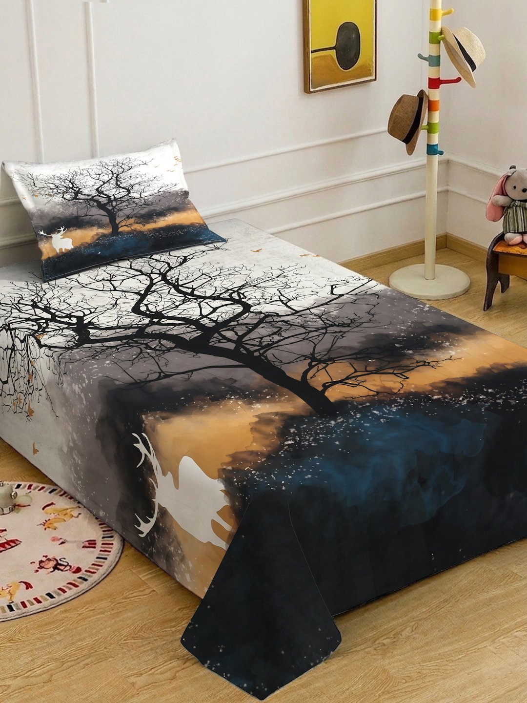 Multi Digital Animal Printed Cotton Blend Single Bedsheet with Pillow Cover