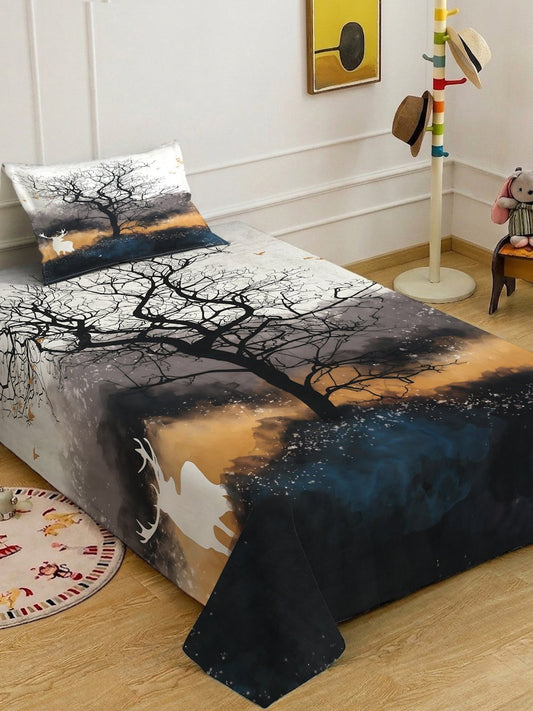 Multi Digital Animal Printed Cotton Blend Single Bedsheet with Pillow Cover