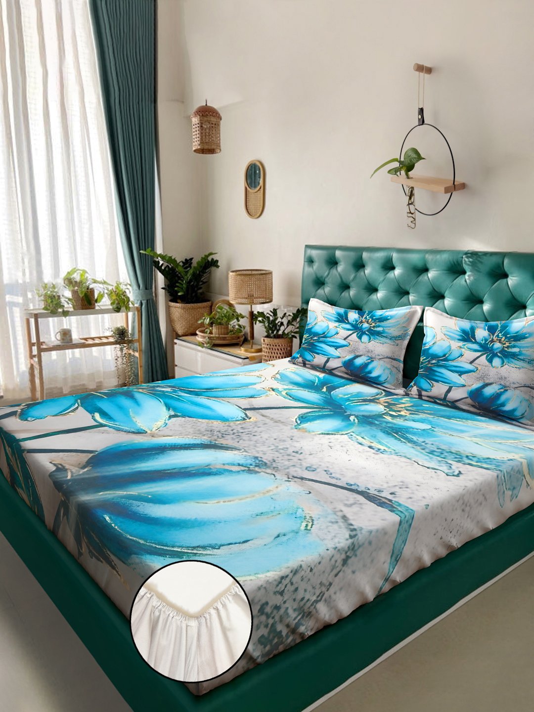 Turquoise Digital Floral Printed Cotton Blend Fitted Fitted Double Bedsheet with 2 Pillow Covers