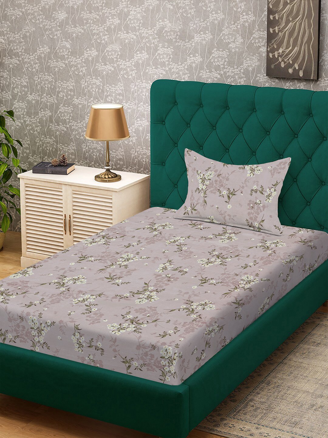 Brown Floral 300 TC Cotton Blend Fitted Single Bedsheet with Pillow Cover