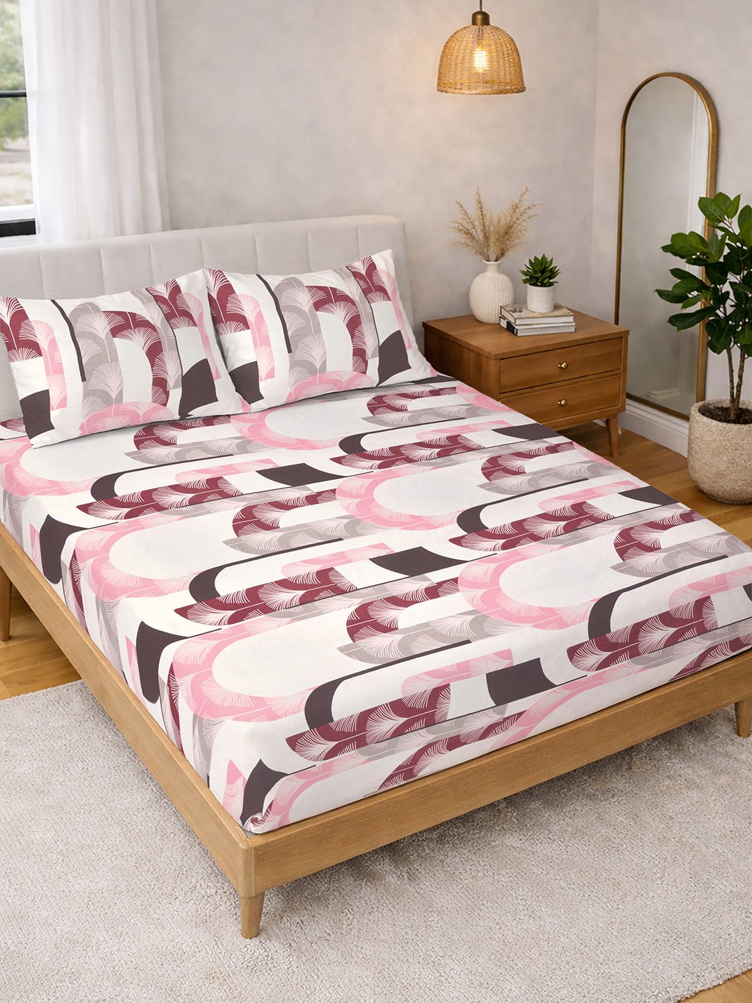 Multi Geometric Cotton Blend Double Bedsheet with 2 Pillow Covers