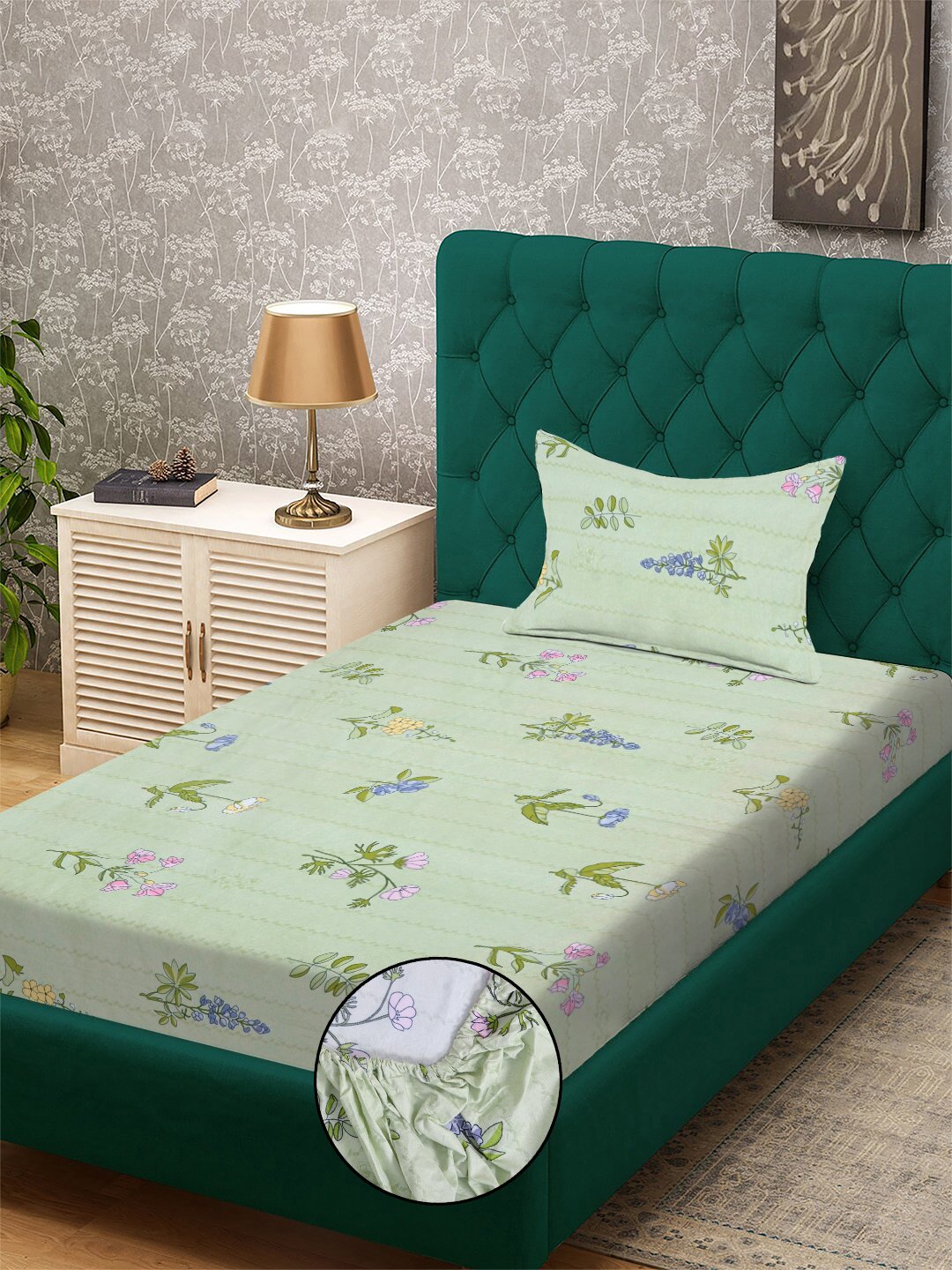 Green Floral 300 TC Cotton Blend Fitted Single Bedsheet with Pillow Cover