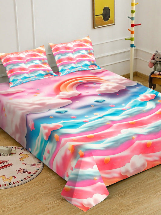 Multi 7D Cartoon Characters Printed Cotton Blend Double Bedsheet with 2 Pillow Covers