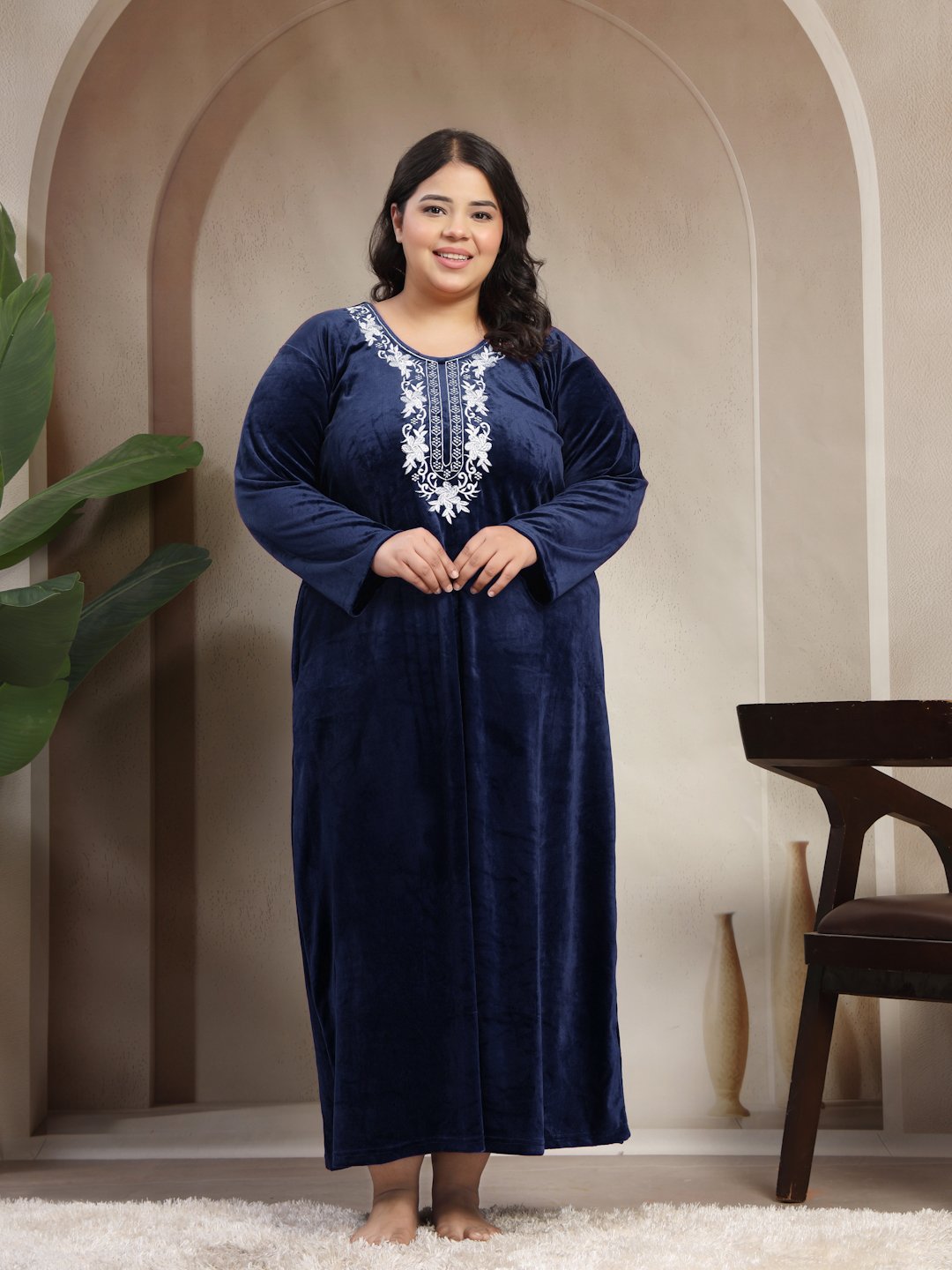 Klotthe Blue Solid Soft touch Velvet Maxi Nightdress