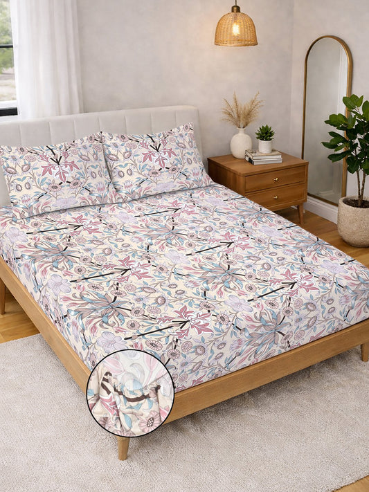 Multi Floral Fitted Fitted Cotton Blend Double Bedsheet with 2 Pillow Covers